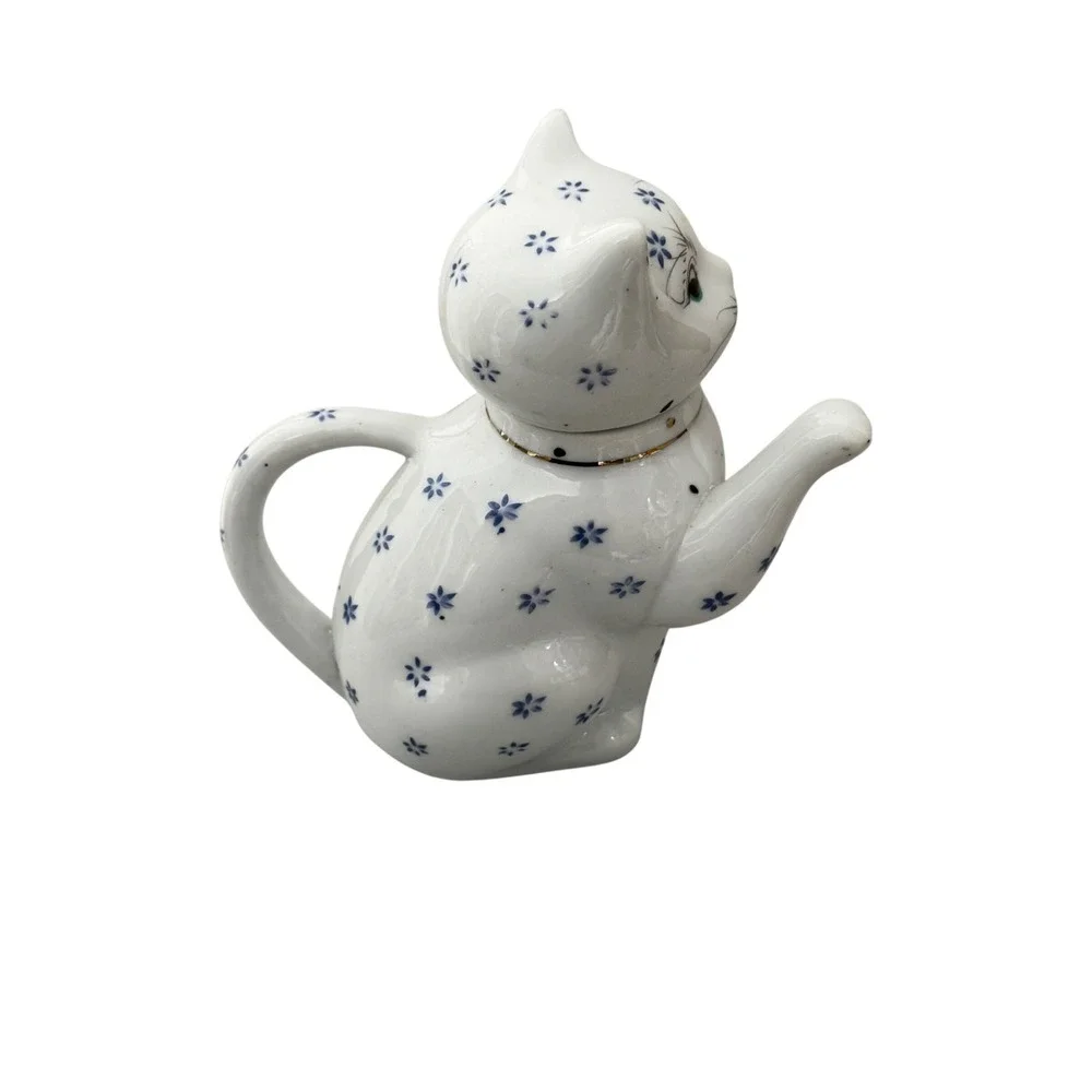 Vintage Ceramic Cat Teapot Small White Blue Floral Hand Painted Gold Collar OS